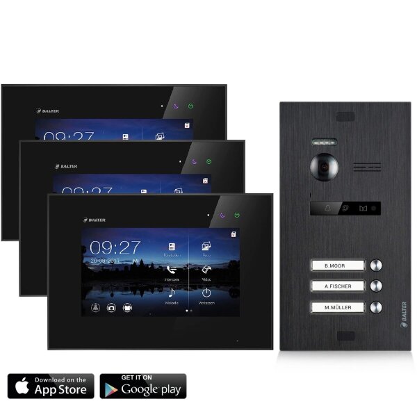 BALTER EVO Türsprechanlage 3-Familienhaus 3x 7-Zoll-Monitor Schwarz WLAN App