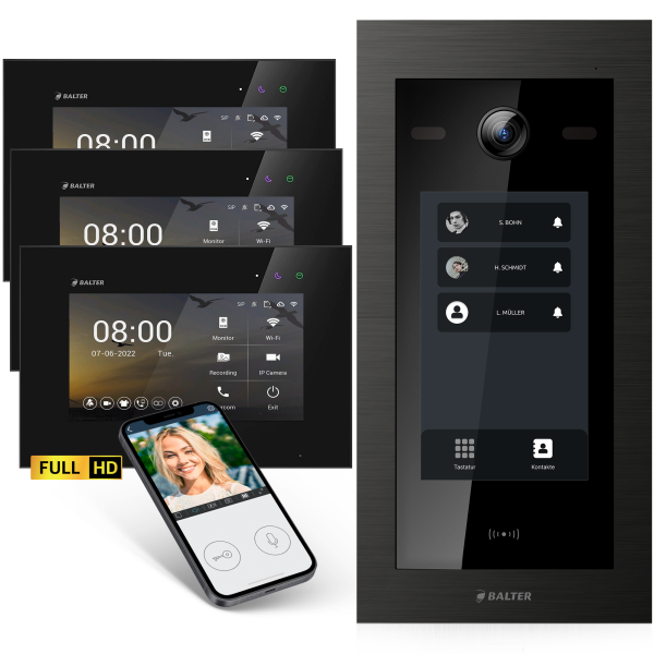 BALTER EVO HD Touch Türsprechanlage 3-Familienhaus 3x Monitor Schwarz WLAN App
