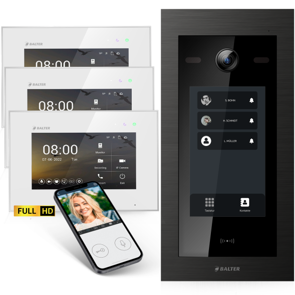 BALTER EVO HD Touch Türsprechanlage 3-Fam. 3x Monitor Schwarz/Weiß WLAN App