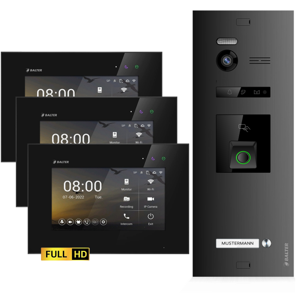 BALTER EVO HD Fingerprint Türsprechanlage Einfamilienhaus 3x Monitor Schwarz
