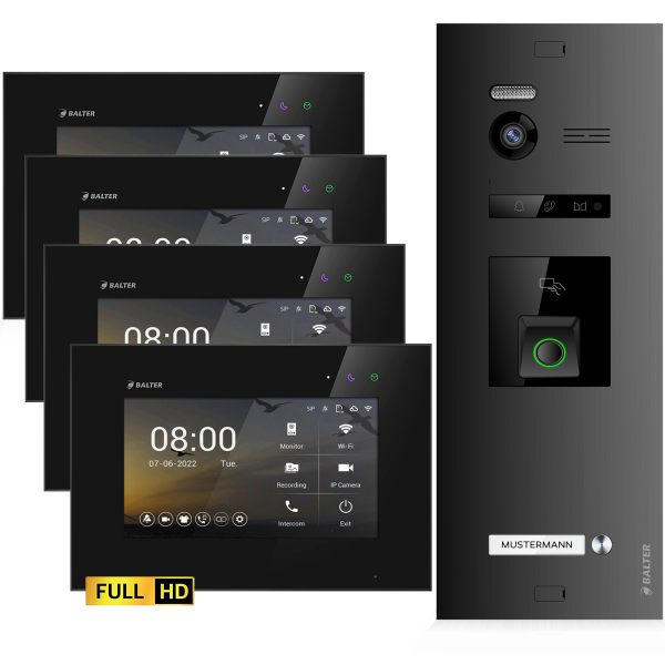 BALTER EVO HD Fingerprint Türsprechanlage Einfamilienhaus 4x Monitor Schwarz