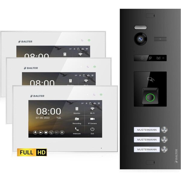 BALTER EVO HD Fingerprint Türsprechanlage 3-Familienhaus 3x Monitor Schwarz/Weiß
