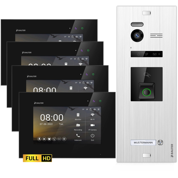 BALTER EVO HD Fingerprint Türsprechanlage 1-Fam. 4x Monitor Silber/Schwarz