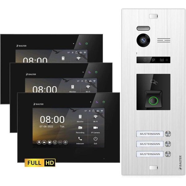 BALTER EVO HD Fingerprint Türsprechanlage 3-Fam. 3x Monitor Silber/Schwarz