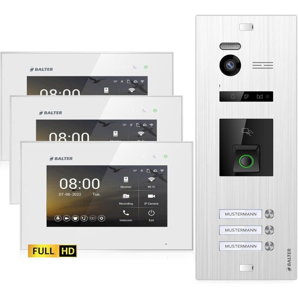 BALTER EVO HD Fingerprint Türsprechanlage 3-Familienhaus 3x Monitor Silber