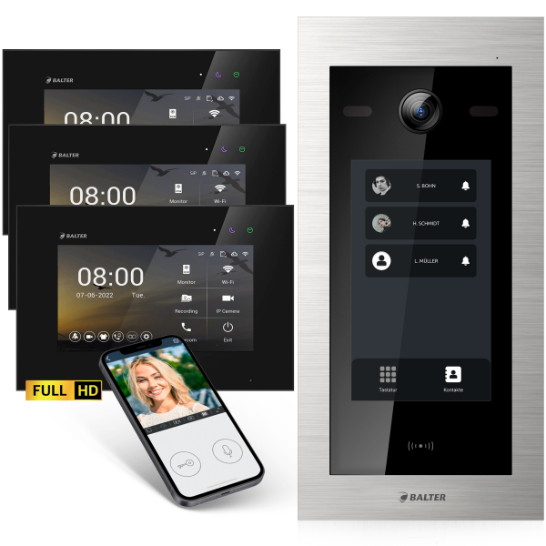 BALTER EVO HD Touch Türsprechanlage 3-Fam. 3x Monitor Silber/Schwarz WLAN App