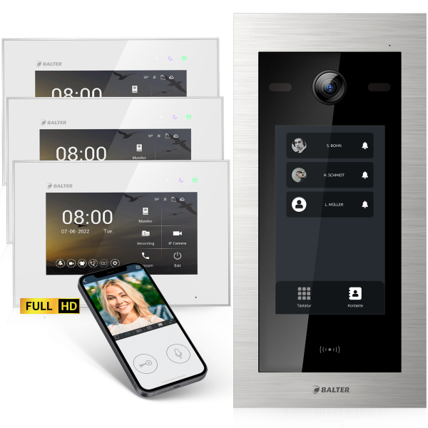 BALTER EVO HD Touch Türsprechanlage 3-Familienhaus 3x Monitor Silber WLAN App