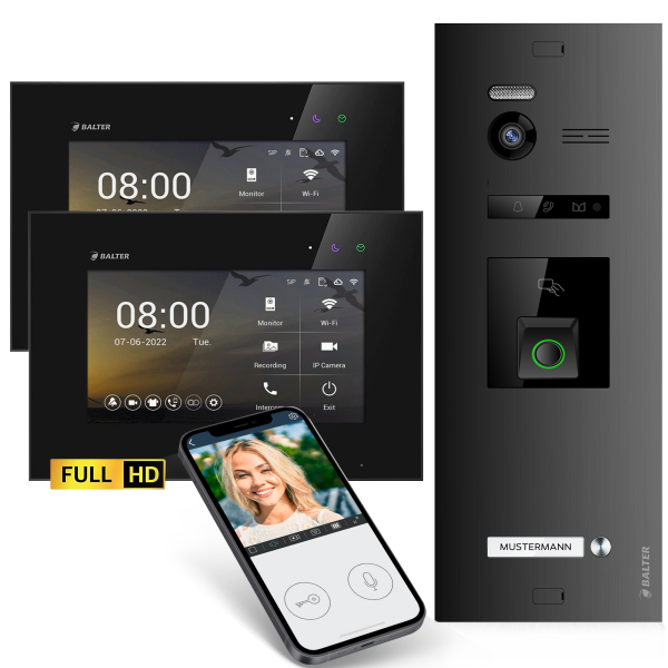 BALTER EVO HD Fingerprint Türsprechanlage 1-Fam. 2x Monitor Schwarz WLAN App