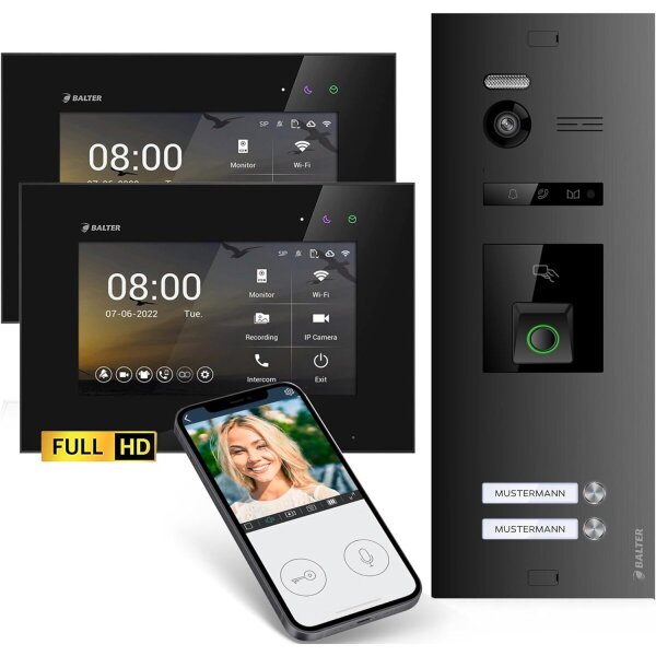 BALTER EVO HD Fingerprint Türsprechanlage 2-Fam. 2x Monitor Schwarz WLAN App