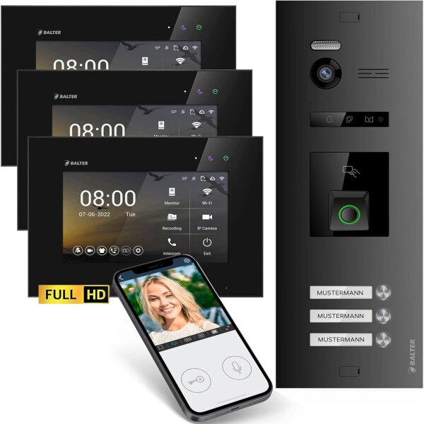 BALTER EVO HD Fingerprint Türsprechanlage 3-Fam. 3x Monitor Schwarz WLAN App