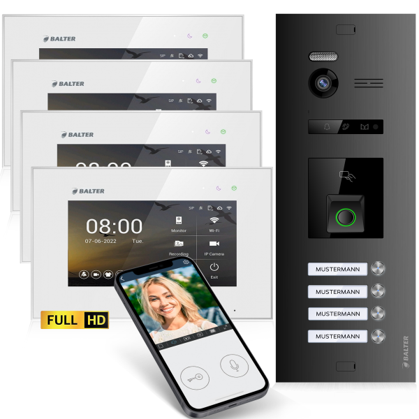 BALTER EVO HD Fingerprint Set 4-Fam. 4x Monitor Schwarz/Weiß WLAN App