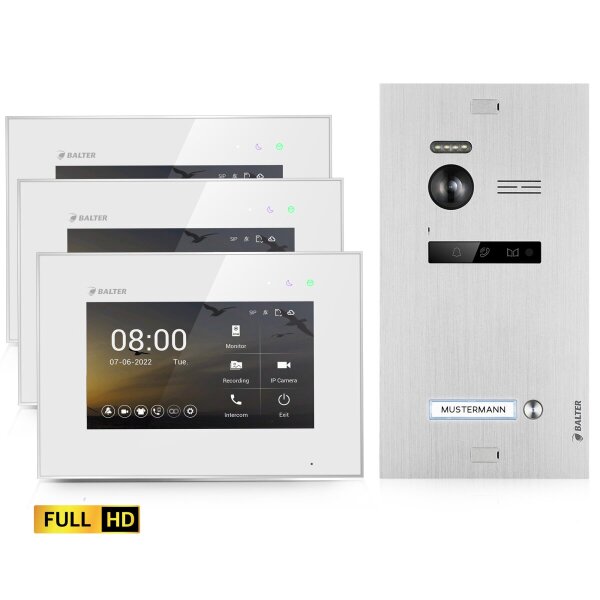 BALTER EVO HD Video-Türsprechanlage Einfamilienhaus 3x 7-Zoll-Monitor Silber