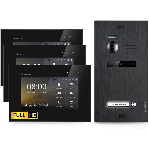 BALTER EVO HD Video-Türsprechanlage Einfamilienhaus 3x 7-Zoll-Monitor Schwarz