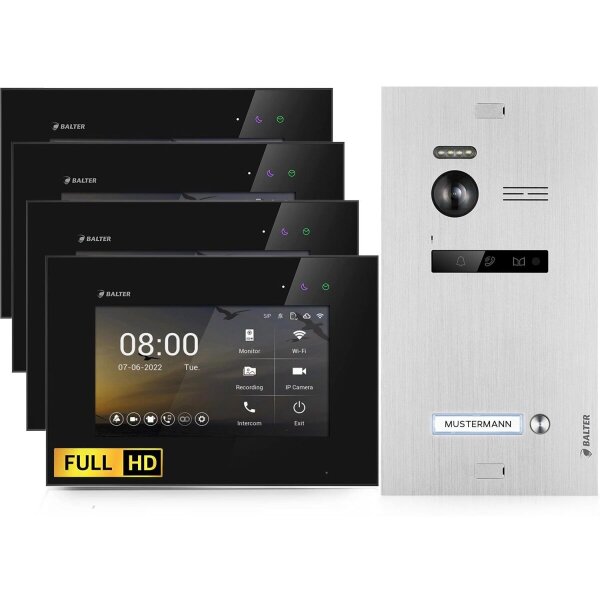BALTER EVO HD Türsprechanlage Einfamilienhaus 4x 7-Zoll-Monitor Silber/Schwarz