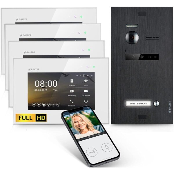 BALTER EVO HD Türsprechanlage Einfamilienhaus 4x Monitor Schwarz/Weiß WLAN App
