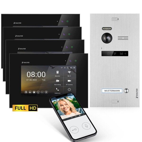 BALTER EVO HD Türsprechanlage Einfamilienhaus 4x Monitor Silber/Schwarz WLAN App