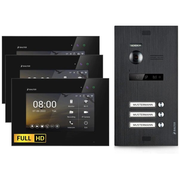 BALTER EVO HD Video-Türsprechanlage 3-Familienhaus 3x 7-Zoll-Monitor Schwarz