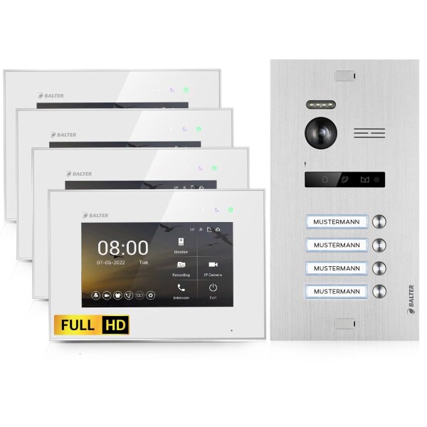 BALTER EVO HD Video-Türsprechanlage 4-Familienhaus 4x 7-Zoll-Monitor Silber