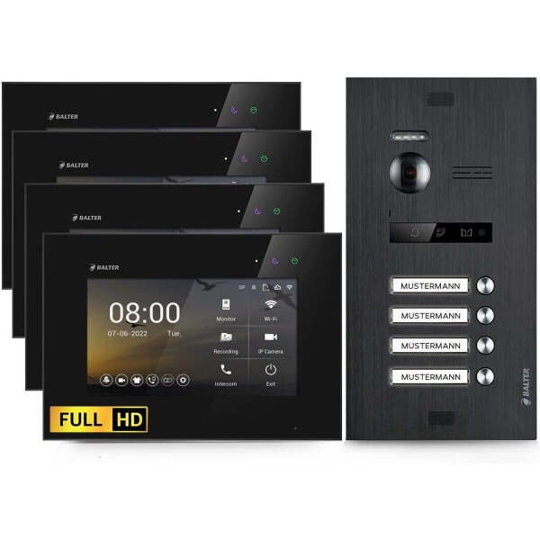 BALTER EVO HD Video-Türsprechanlage 4-Familienhaus 4x 7-Zoll-Monitor Schwarz