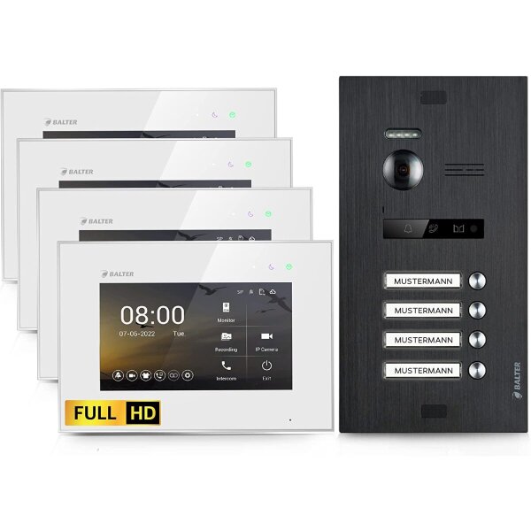BALTER EVO HD Türsprechanlage 4-Familienhaus 4x 7-Zoll-Monitor Schwarz/Weiß