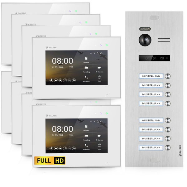 BALTER EVO HD Video-Türsprechanlage 8-Familienhaus 8x 7-Zoll-Monitor Silber
