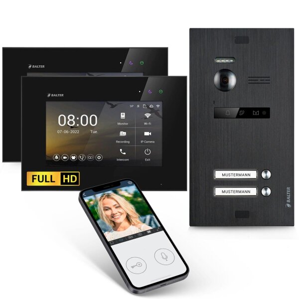 BALTER EVO HD Türsprechanlage 2-Familienhaus 2x 7-Zoll-Monitor Schwarz WLAN App