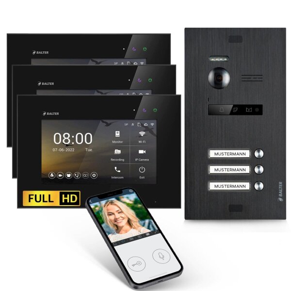 BALTER EVO HD Türsprechanlage 3-Familienhaus 3x 7-Zoll-Monitor Schwarz WLAN App