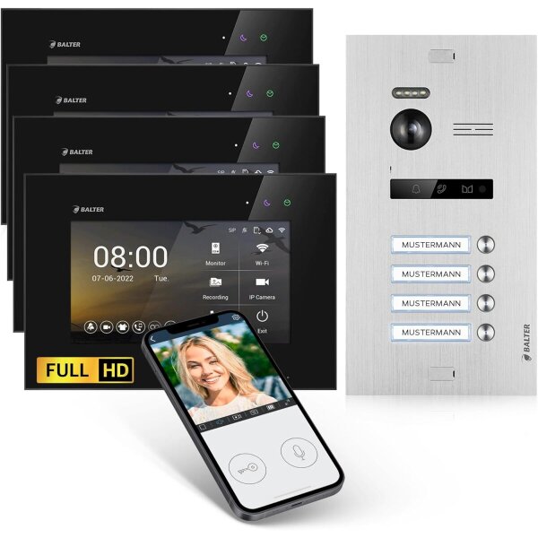 BALTER EVO HD Türsprechanlage 4-Familienhaus 4x Monitor Silber/Schwarz WLAN App