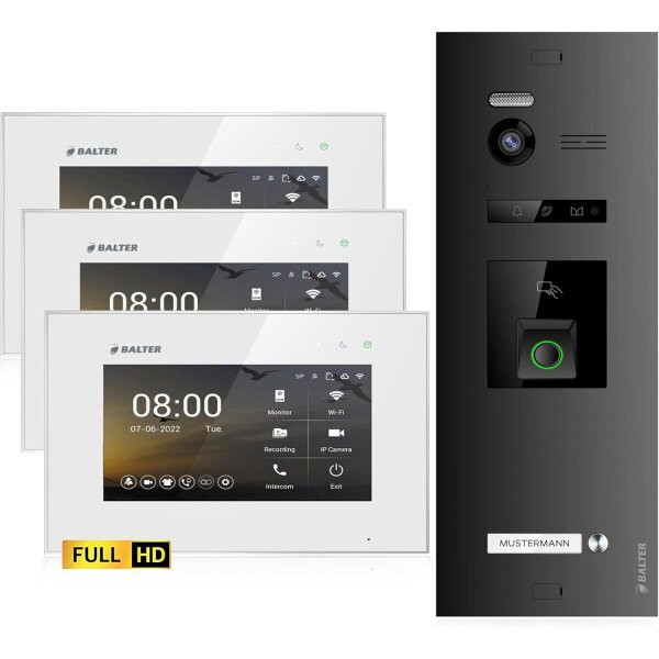 BALTER EVO HD Fingerprint Türsprechanlage 1-Fam. 3x Monitor Schwarz/Weiß