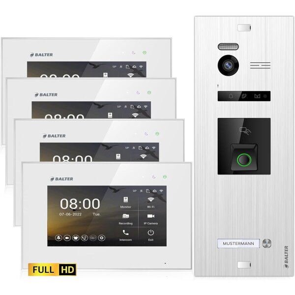 BALTER EVO HD Fingerprint Türsprechanlage Einfamilienhaus 4x Monitor Silber