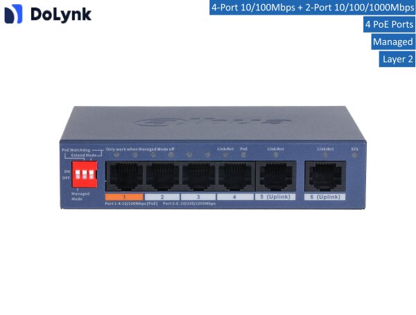 Dahua CS4006-4ET2GT-60 Switch 4 PoE Netzwerk- und Videozubehör 6 Port 4xPoE